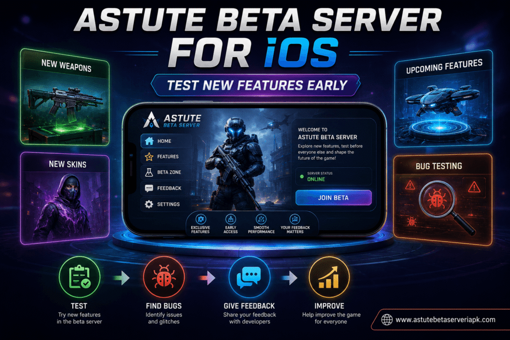 Astute Beta Server for iOS showing new weapons, skins, upcoming features, bug testing, and the beta testing feedback process.