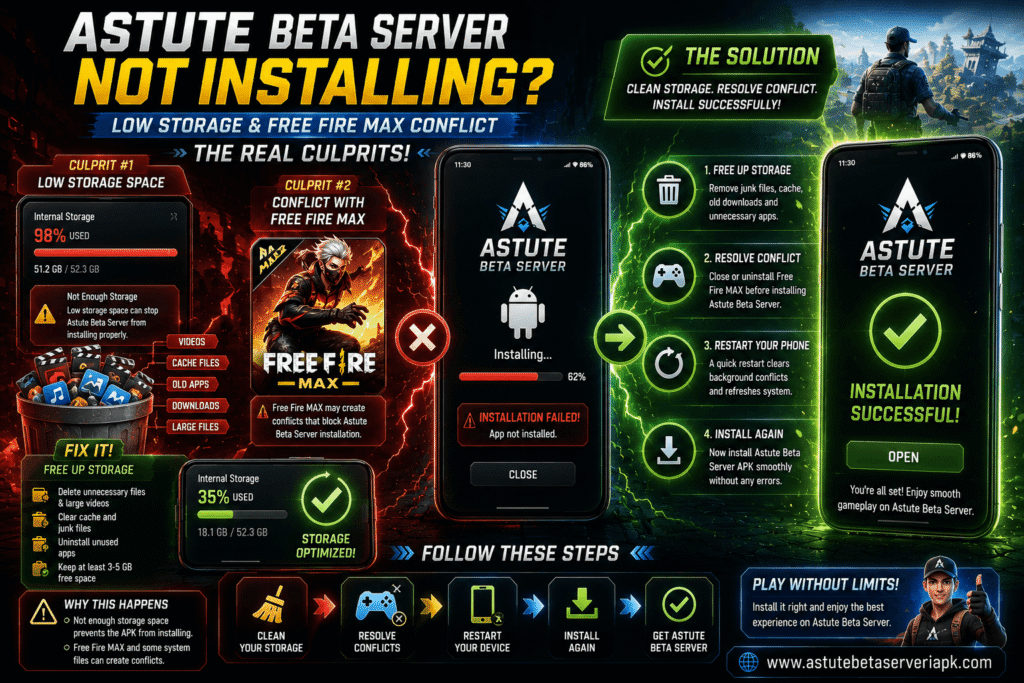 Astute Beta Server installation failed due to low storage and Free Fire MAX conflict
