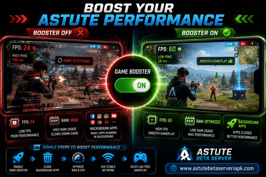 Astute Beta Server performance booster showing low FPS and high ping compared with smooth gameplay