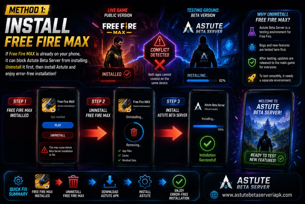 Astute Beta Server installation guide showing Free Fire MAX conflict and installation steps