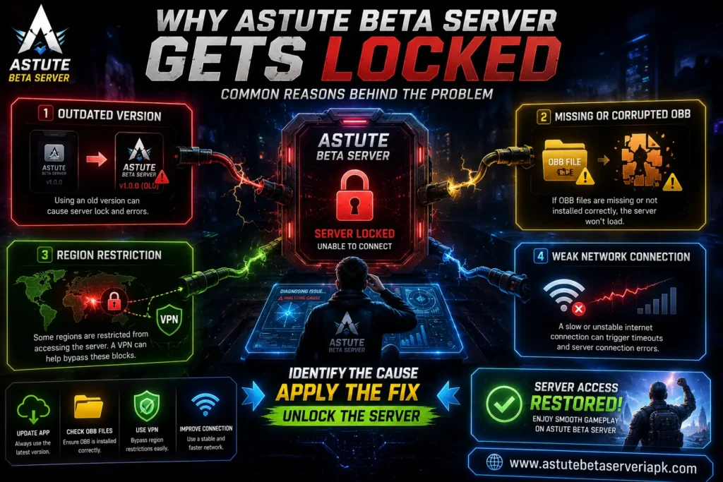Astute Beta Server locked due to outdated version, OBB files, region restriction, and weak network