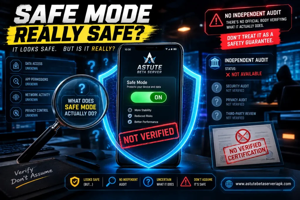 Astute Beta Server Safe Mode showing unverified security and no independent audit