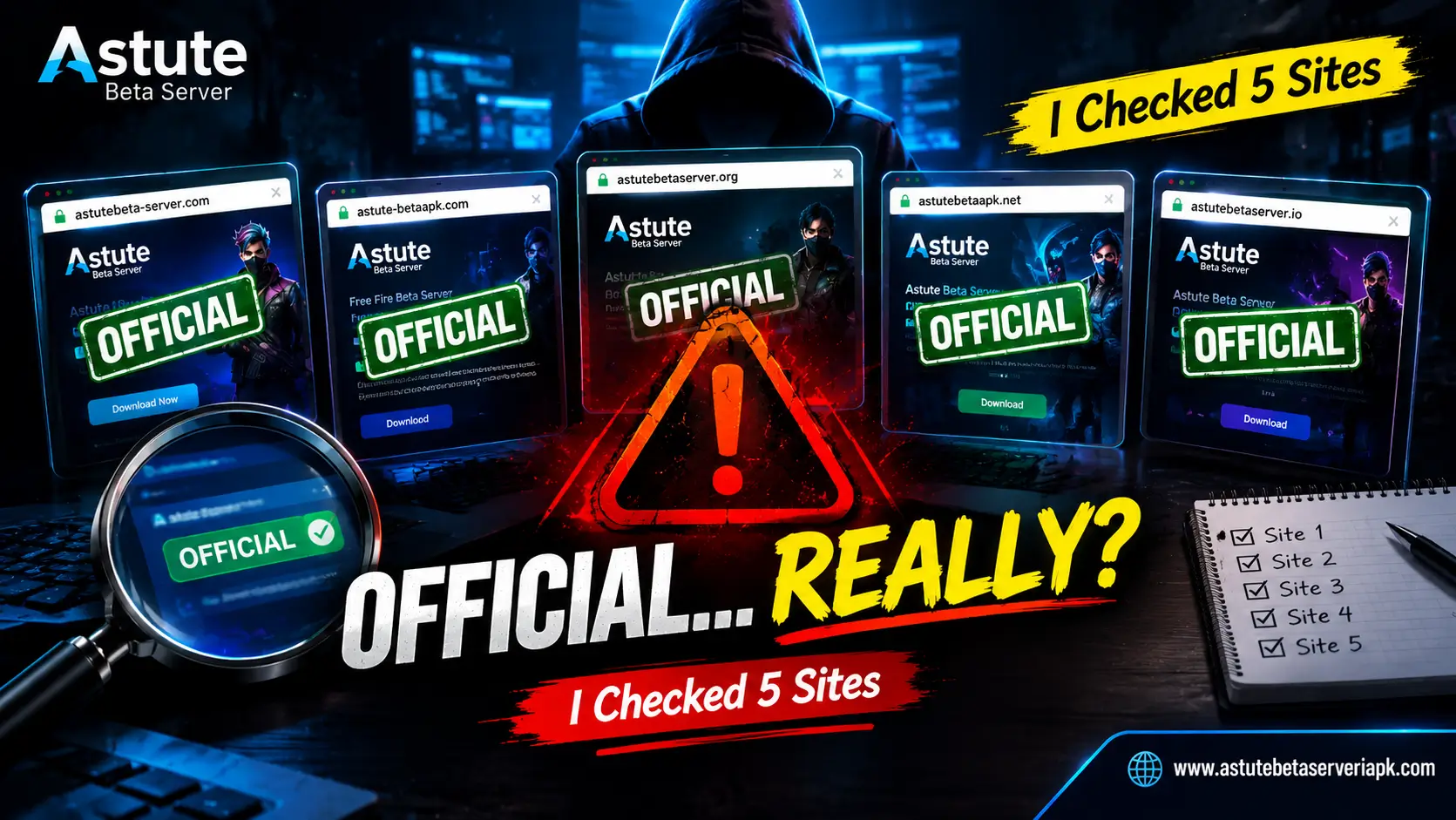 Astute Beta Server safety investigation comparing five sites claiming to be official