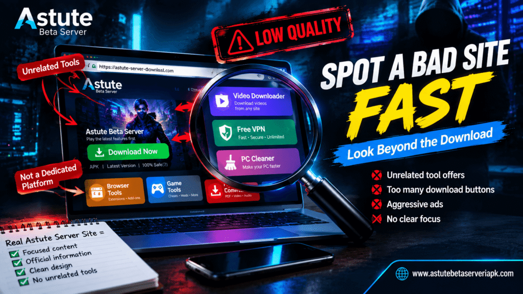 Astute Server website with unrelated tools highlighted as signs of a low-quality site