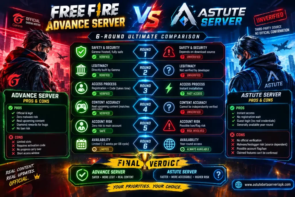Free Fire Advance Server vs Astute Server comparison of safety access content and availability