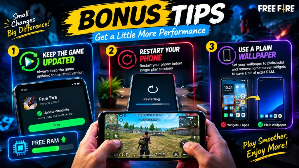 Free Fire on 1GB RAM bonus performance tips showing game updates, phone restart, and a plain wallpaper