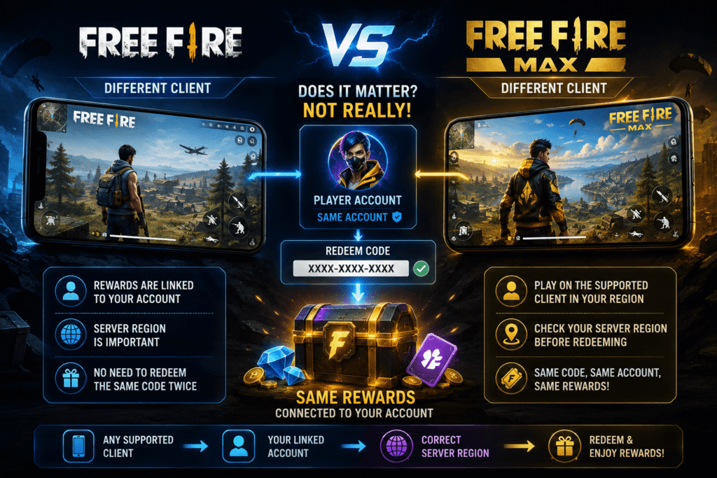 Free Fire vs Free Fire MAX showing the same linked player account, server region, and redeem code rewards